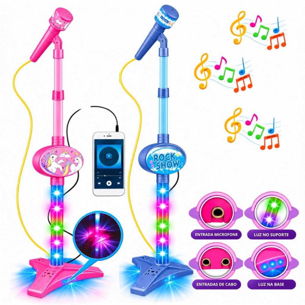 Microfone Pedestal Infantil Com Som e Luzes Divertido Música