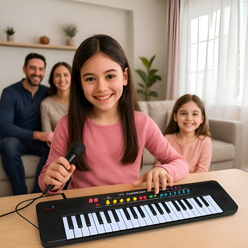 Teclado Piano Musical 37 Teclas com Microfone Infantil Preto Brinquedo Presente