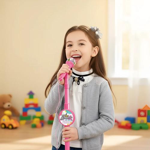 Microfone Infantil Musical Art Brink Karaokê Luz e Pedestal Luzes Rosa Ajustável Rosa-chiclete Brinquedo Presente