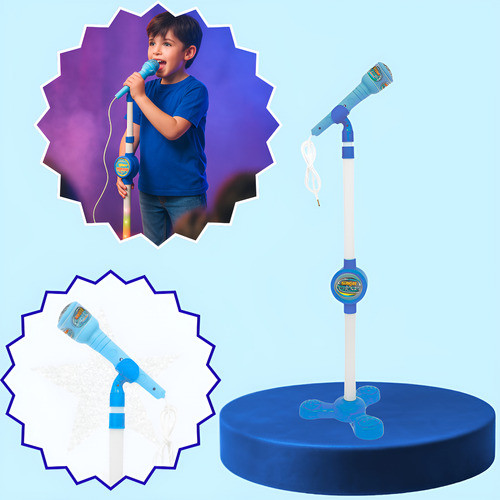 Microfone Infantil Musical Art Brink Karaokê Luz e Pedestal Azul-celeste Brinquedo Presente