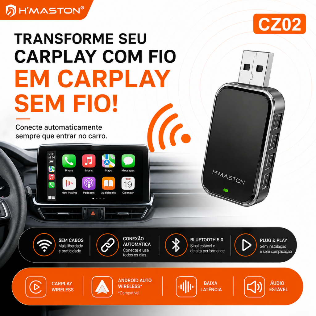 Adaptador CarPlay Wireless Sem Fio Bluetooth 5.0 USB Conversor CarPlay Android Auto Plug Play H'Maston CZ02