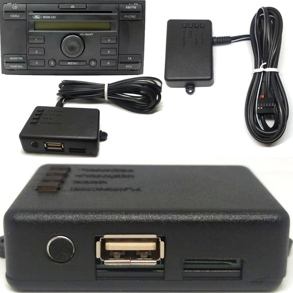 Adaptador Bluetooth USB MP3 p/ Rádio Ford 6000CD c/ Microfone e Entrada MicroSD