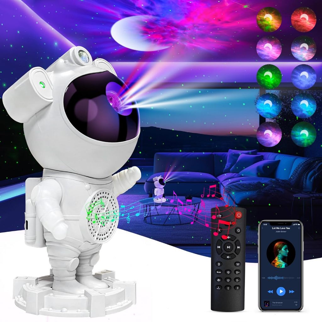 Projetor Luz Noturna Astronauta Brinquedo Robo Galaxia Espacial Com Musica MP3 Bluetooth  Cartão SD
