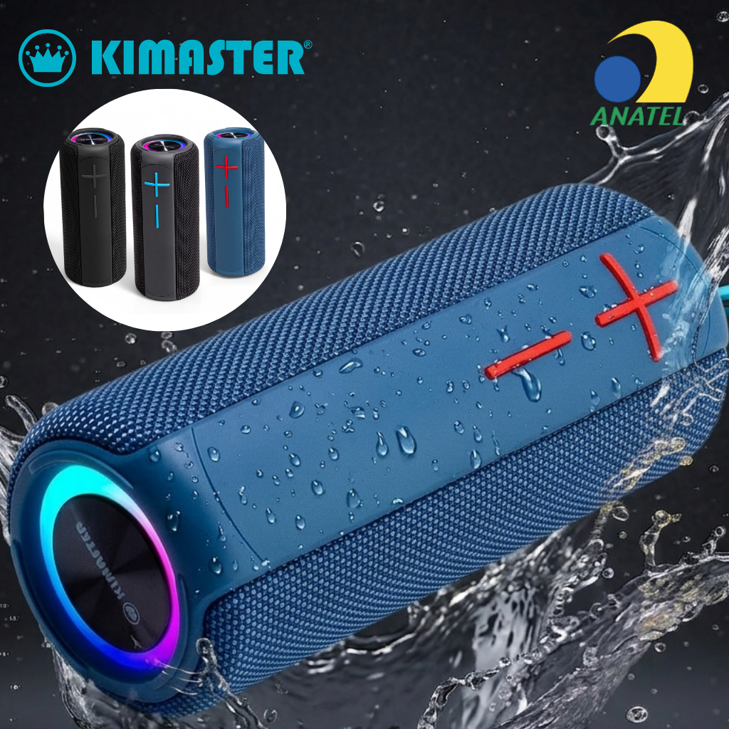 Caixa de Som Bluetooth Resistente à Água  Bateria 10 Hr Kimaster 18W com Alça, LED RGB USB Rádio FM
