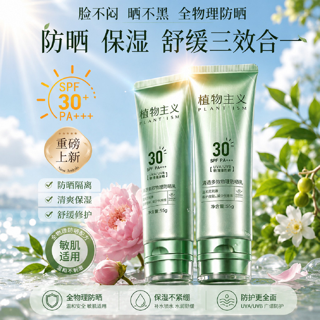Botânico protetor solar à prova d'água à prova de suor dedicado protetor solar físico loção creme refrescante disponível