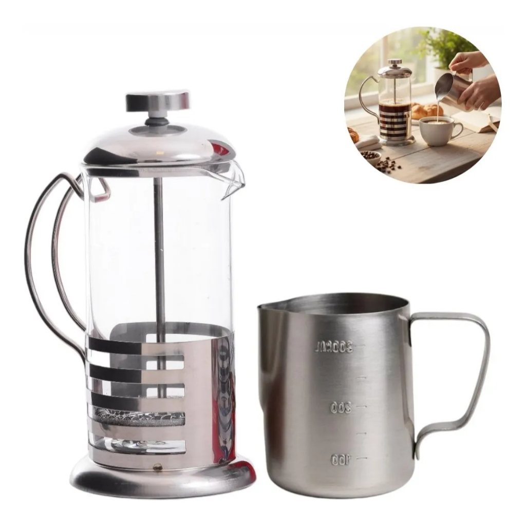 Kit Cafeteira Francesa French Press Inox 600ml + Jarra Barista Leiteira Café Espresso