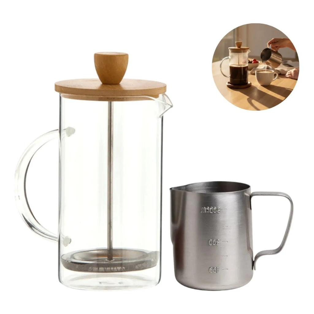 Kit Cafeteira Francesa French Press 600ml + Jarra Barista Inox 350ml Café Espresso