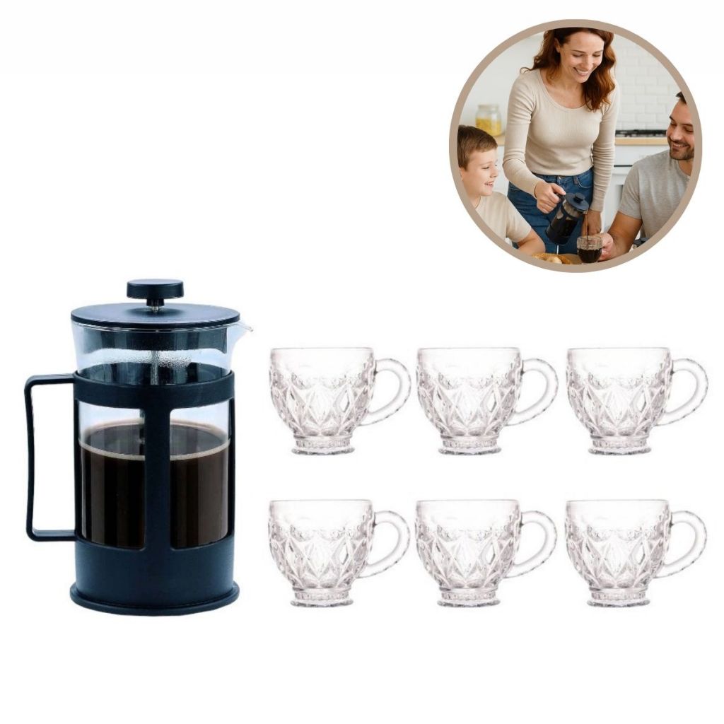 Kit Cafeteira Francesa 600ml + 6 Xícaras De Vidro Melissa