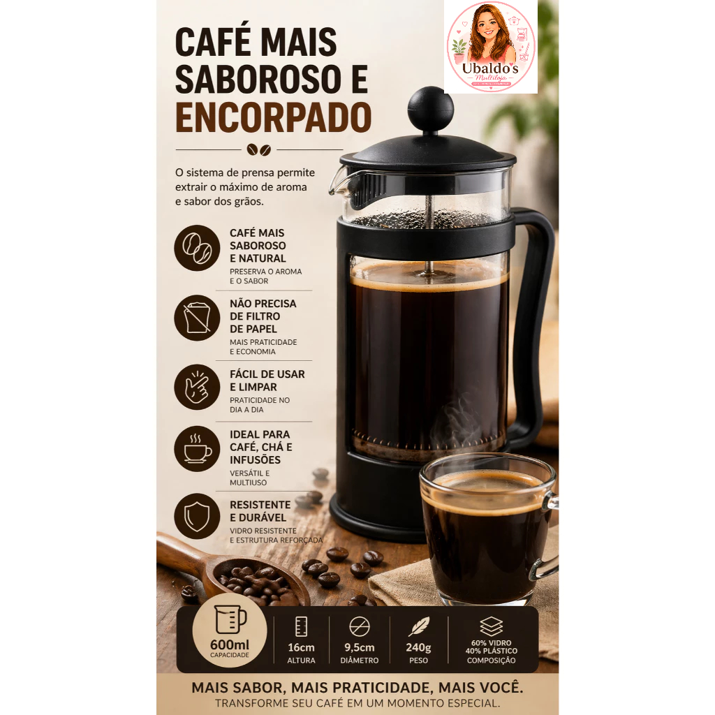 Cafeteira Francesa Prensa Manual Café Cremoso Vidro Resistente Fácil Uso 300/600ml