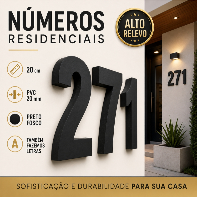 Número Residencial 20cm PVC 20mm Preto Fosco Alto Relevo Autocolante Para Fachada Casa