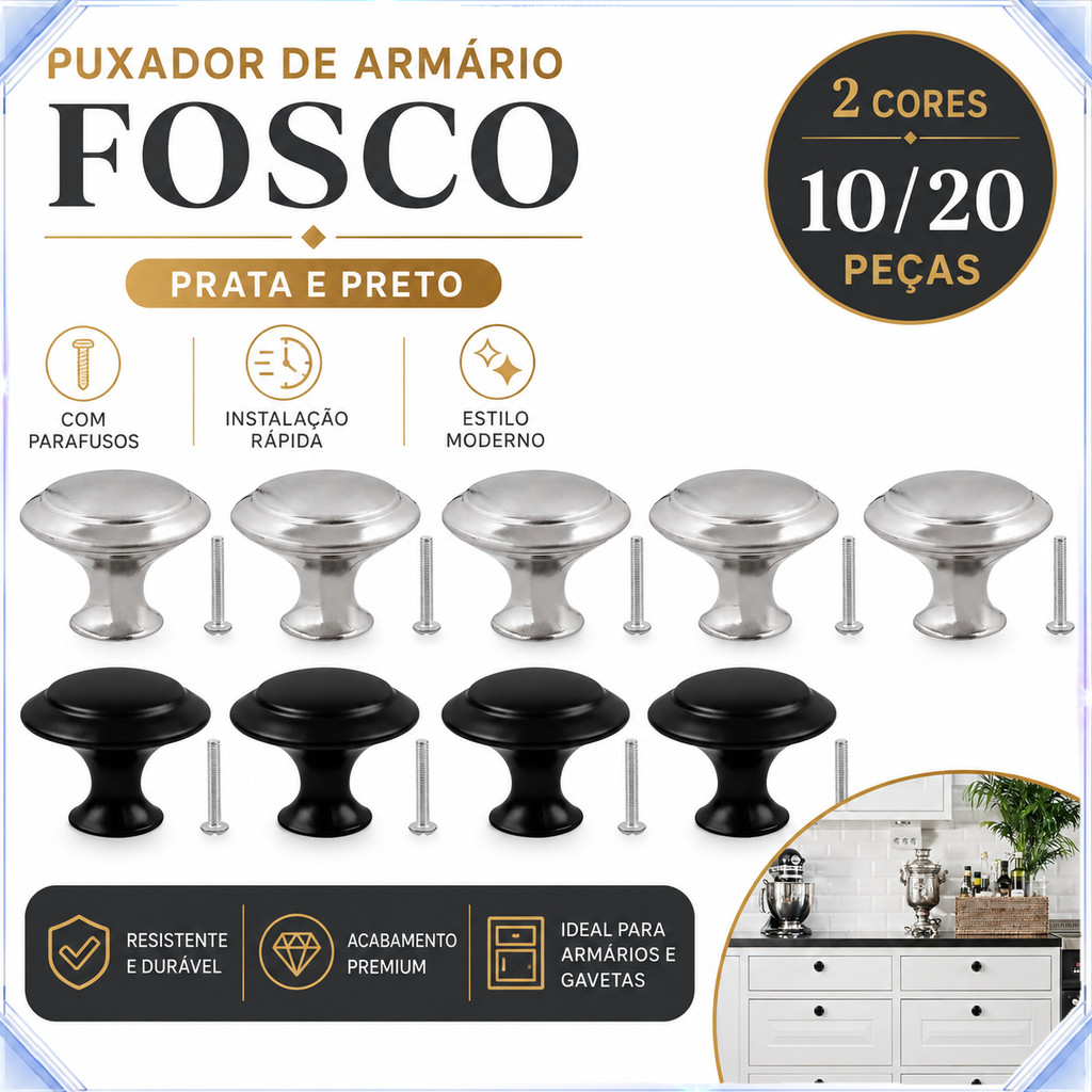 Botão fosco redondo liga de zinco gaveta armário preto/prata com parafuso M4×20mm 10/20un