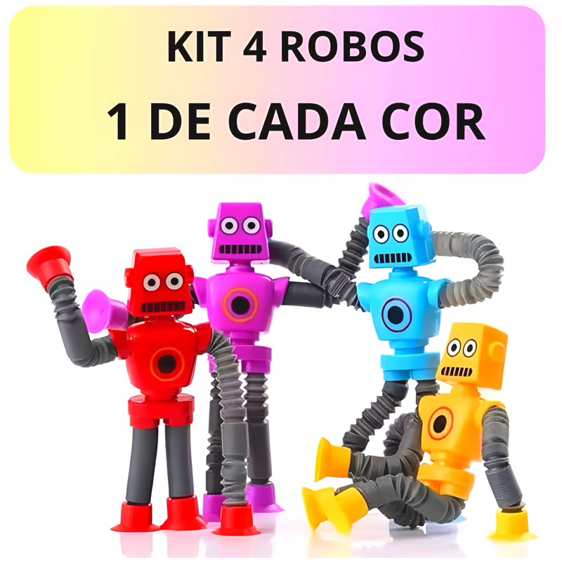 4 Robos Pop It Tubo Led Estica E Gruda Melman Magic  Brinquedo Gruda Led Tubo Ventosa