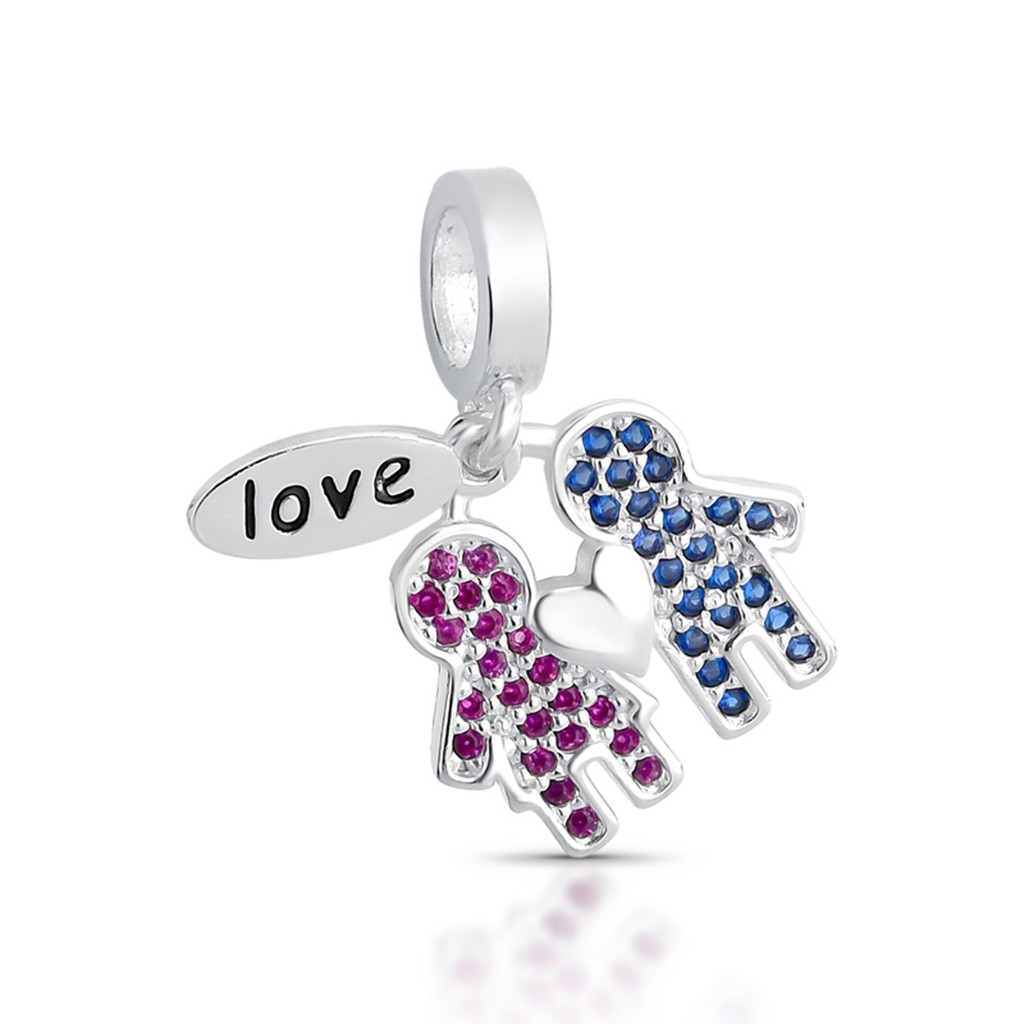 Berloque Prata 925 Casal Love Cravejado Zircônias Garantia Compatível com todas Pulseiras Berloques