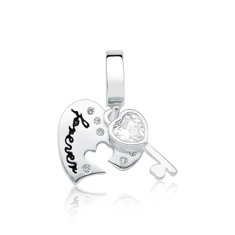 Berloque Prata 925 Coração Chave Zircônia Forever Garantia Compatível com todas Pulseiras Berloques