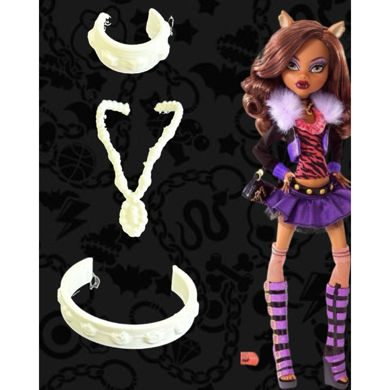 Kit Acessórios Boneca Clawdeen Monster High 3D – Colar Choker e Cinto Branco