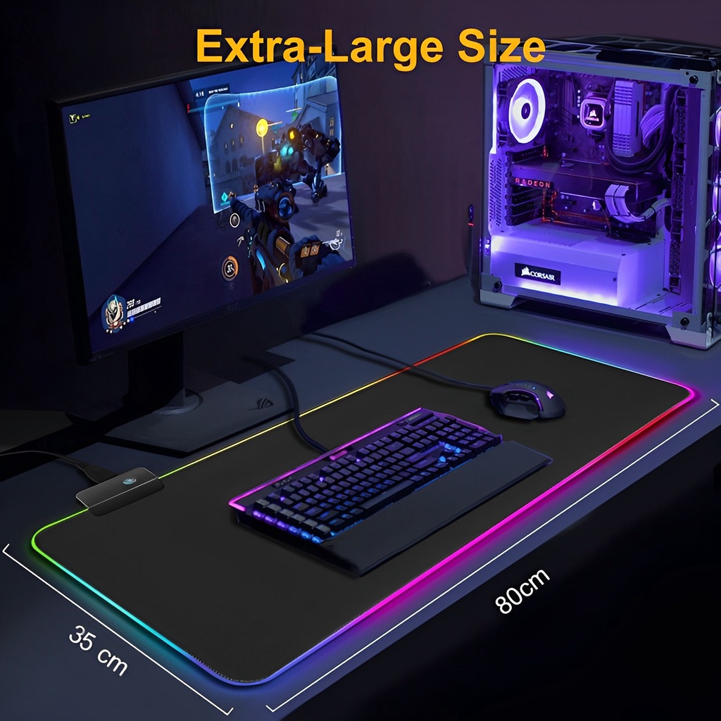 Mousepad Gamer Preto Médio Extra Grande Led Rgb 13 Cores 25X35 cm e 80x30 cm