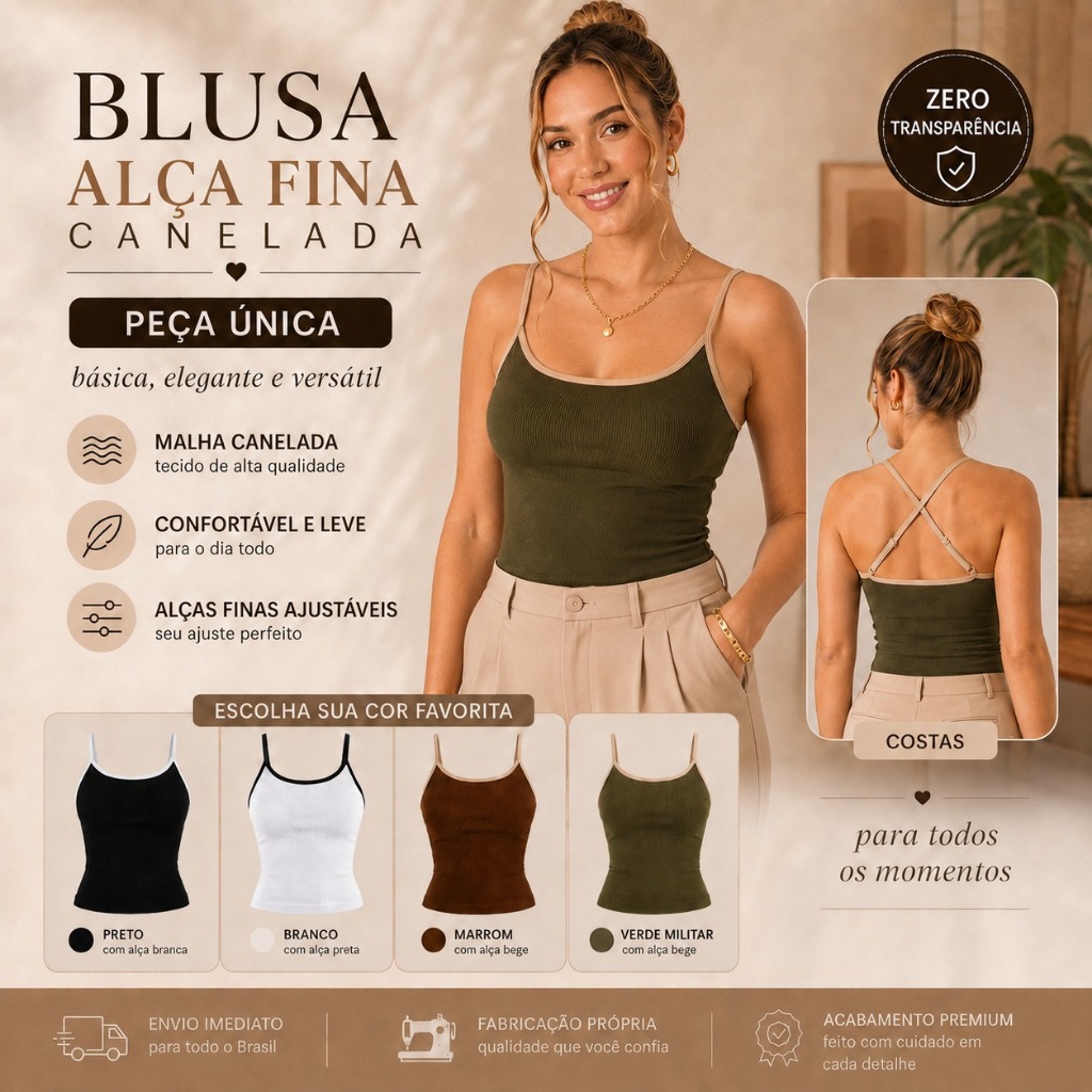 Regata Feminina Canelada com Alças Finas e Viés Contrastante Blusinha Básica Casual