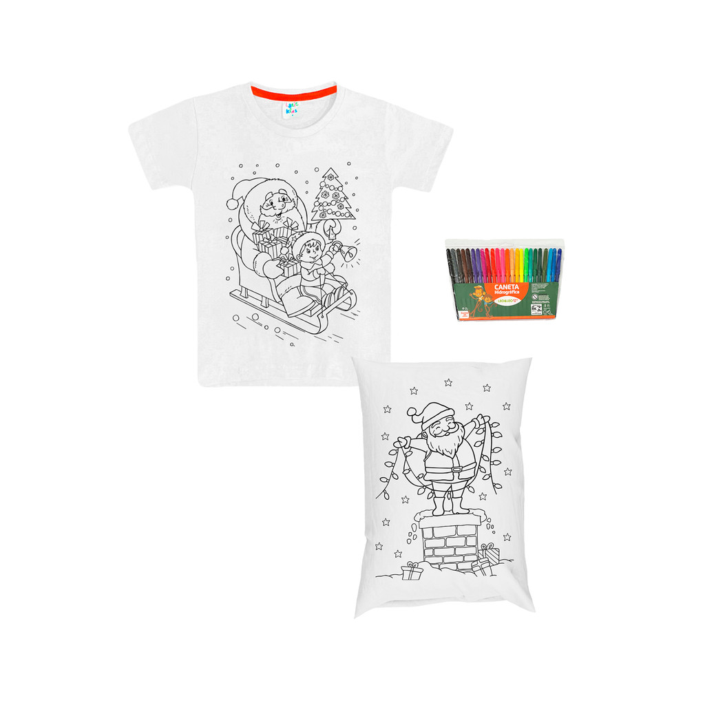 Kit Infantil Papai Noel - Camiseta + Almofada + Canetinhas 24 Cores - Pinte e Lave - Latic Kids