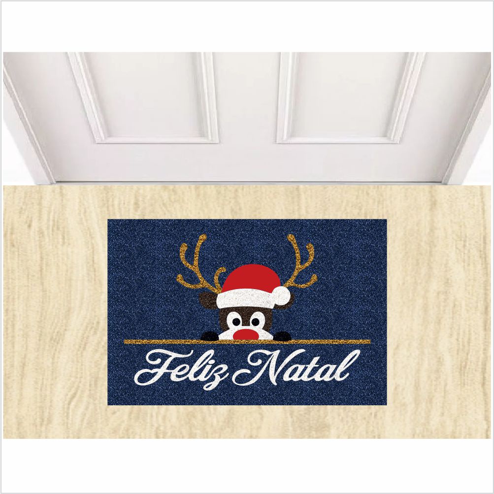 CAPACHO TAPETE RENA PAPAI NOEL FELIZ NATAL DECORÇÃO DE NATAL COR AZUL MARINHO 60X40 cm