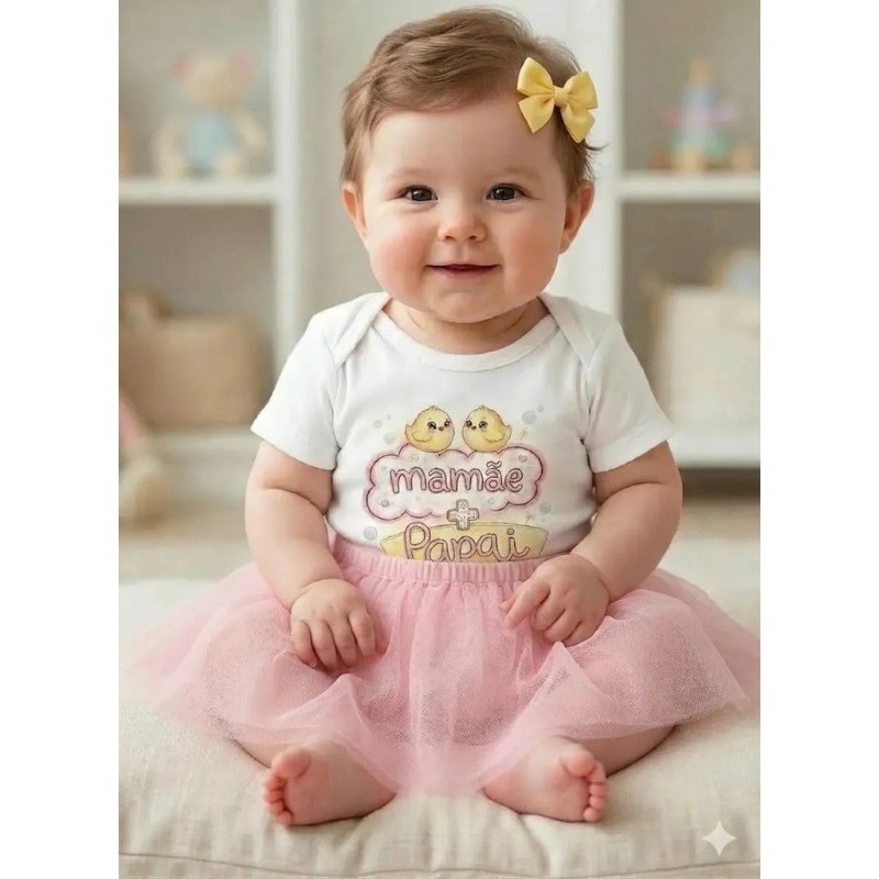 Body Bebê Mamãe+papai=eu Pintinhos Fofos Cores Delicadas  + Saia Rosa Bebê com Tule de Brilho