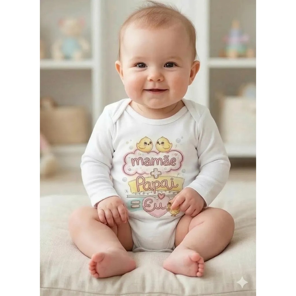 Body Bebê Confortável Mamãe + Papai = Eu Pintinhos Fofos Manga Longa/curta Família Unisexx Com Cores Delicadas