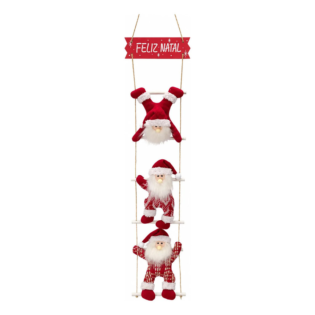 Enfeite Natalino Bonecos Na Escada De 106 Cm  E Placa Luxo - Cor: Papai noel Red