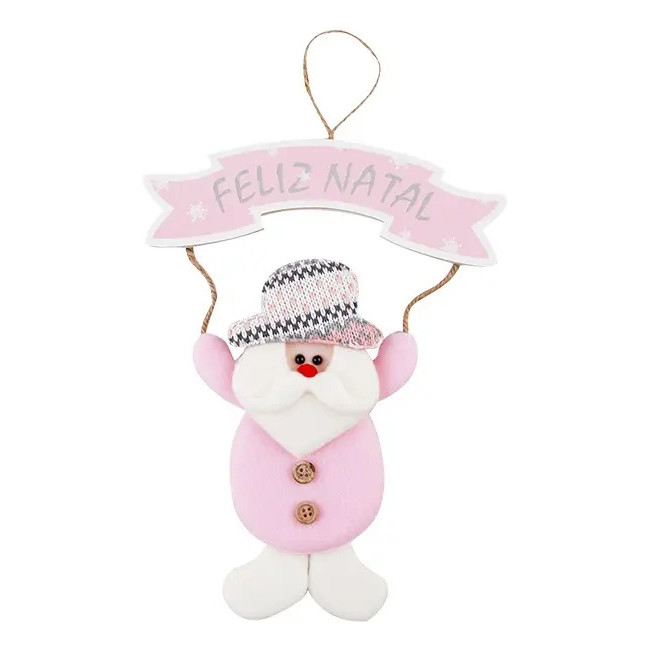 Enfeite Natalino Cherry Enfeite De Porta Com Placa De 24cm - Cor: Rosa, Nome do desenho: Papai Noel