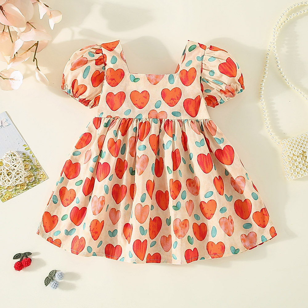 Sweet Heart Print Baby Girl Dress Summer New Big Bow Bubble Vestido De Bebê De Manga Curta Festa De Aniversário Meninas Vestuário De Criança (0-3 Anos)