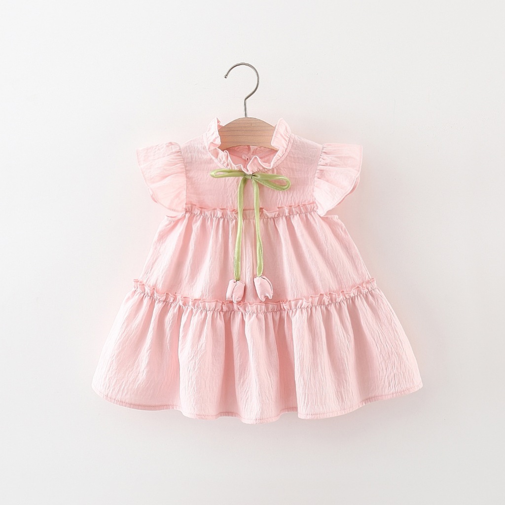 Summer New Pink Little Flying Sleeves Baby Girl Dress , Sweet Flower Festa De Aniversário Roupas Sem Mangas Para Crianças (9 Meses-4 Anos De Idade)