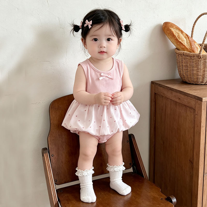 New summer baby girls pink sling boomsuit 0-24 months cotton skin-friendly sweet one hundred day body dress gE3V