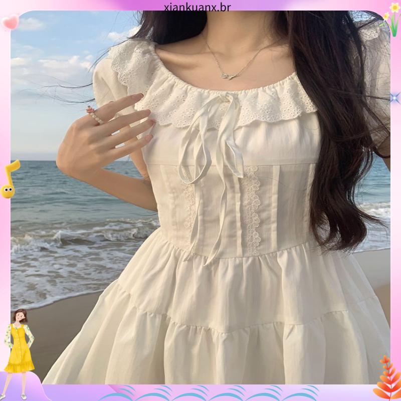 A Sweet yiket t Menina e o Mar Saia Branca Preppy Fresh Girl Dress Verão