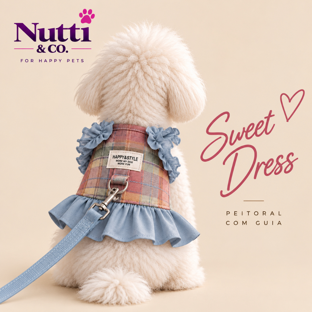 Peitoral Vestido com Guia para Cães Nutti Sweet Dress – Xadrez com Babados