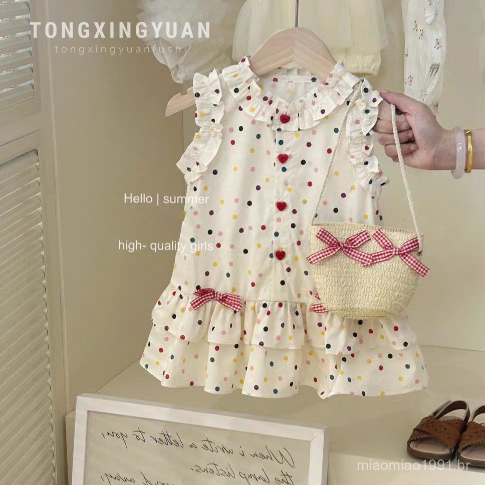 (((80-140cm) Girl Sweet Princess Dress Korean Version Sleeveless Polka Dot Dress Girl Baby Floral Dress