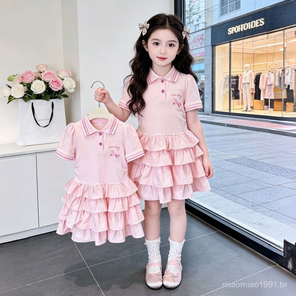 Summer New Style Sweet Cute Dress Medium Large Children's Clothing Little Girl Temperament POLO Collar Preppy Style Cake