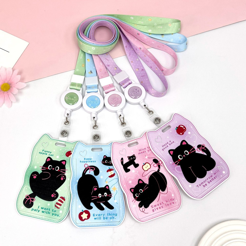 Bonito Gato Preto Slide ID Crachá Titular 4 Macaron Cores Anti Perda Campus Protetor De Cartão De Trabalho ABS