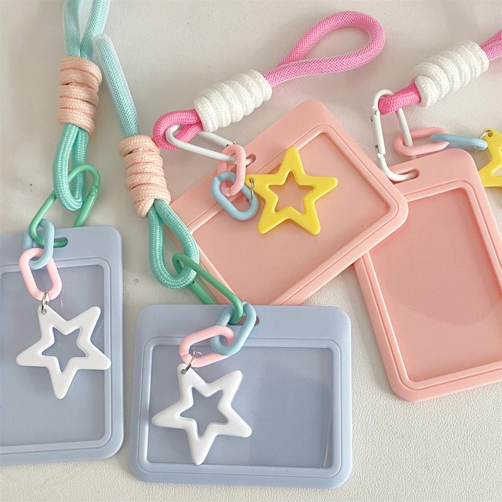 Steve Cute Star Plastic Slide Card Holder Knotted Colorful Braided Rope Keychain Porta-Chaves De Estudante E Cartão De