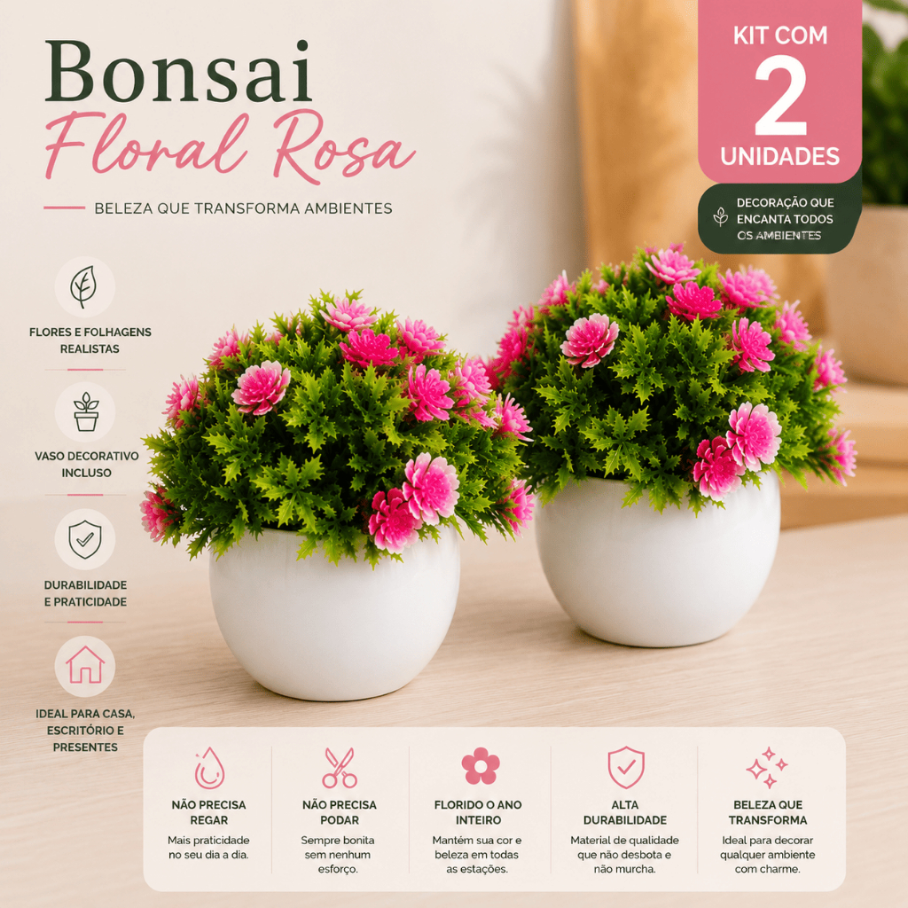 Kit 2 Bonsais Florais Artificial Rosa com Vaso Branco Decoração Sofisticada Beleza Encantadora