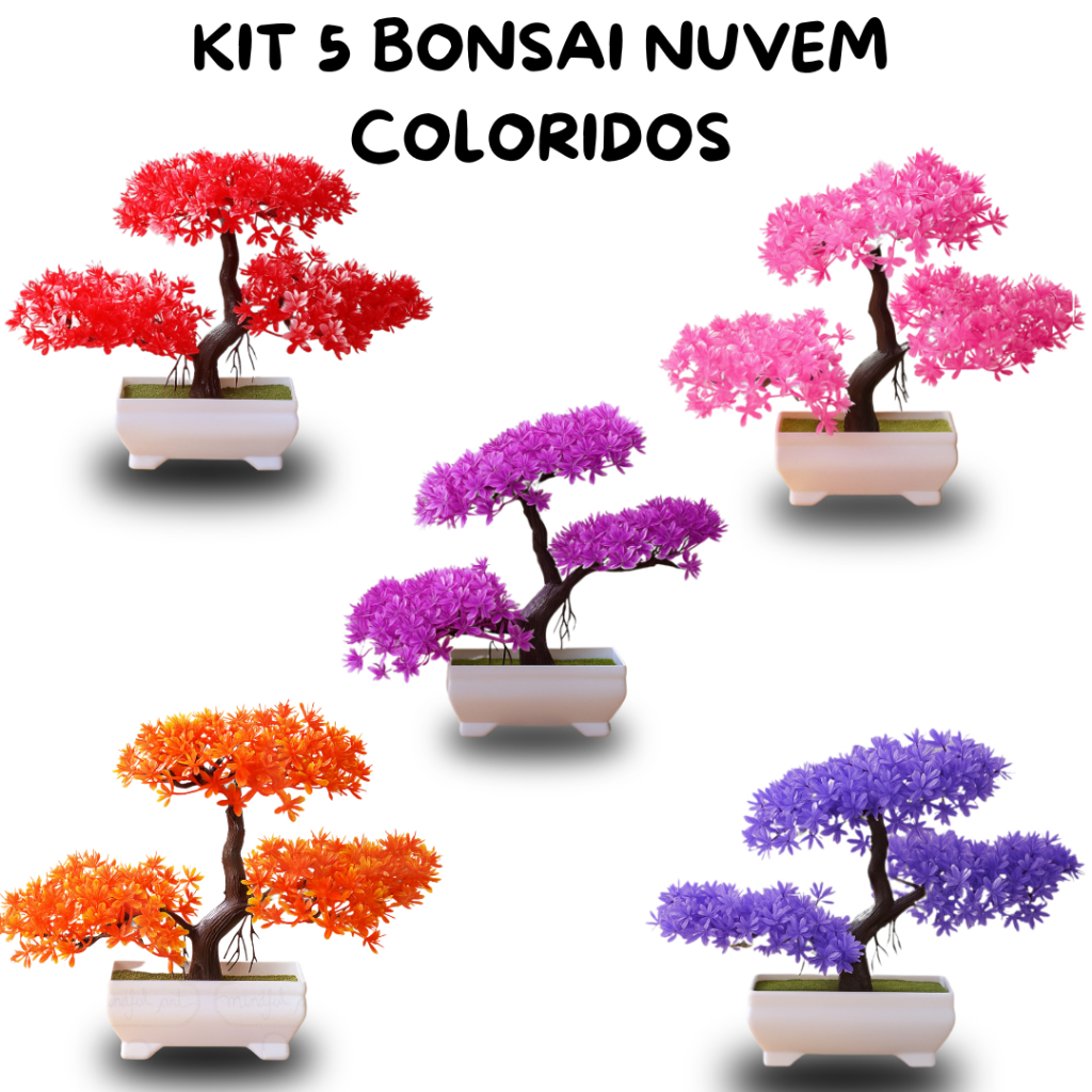 Kit 5 Bonsais Nuvem Coloridos – Decoração Zen Cores Vibrante Oriental Natureza sem Manutenção Estilo
