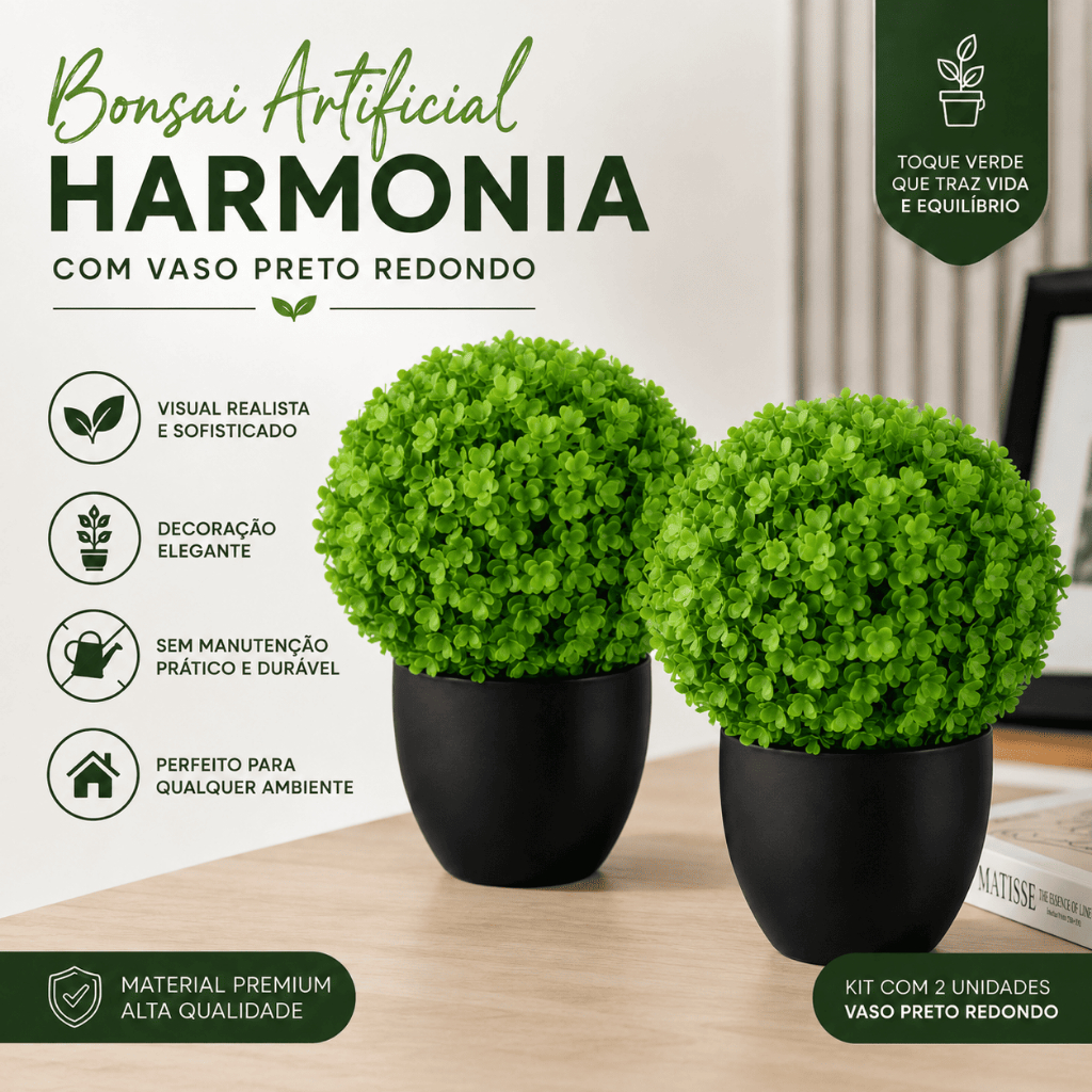 Kit 2 Bonsais Artificiais Harmonia Vaso Preto Redondo Decorativo Estilo e Charme Decoração Zen