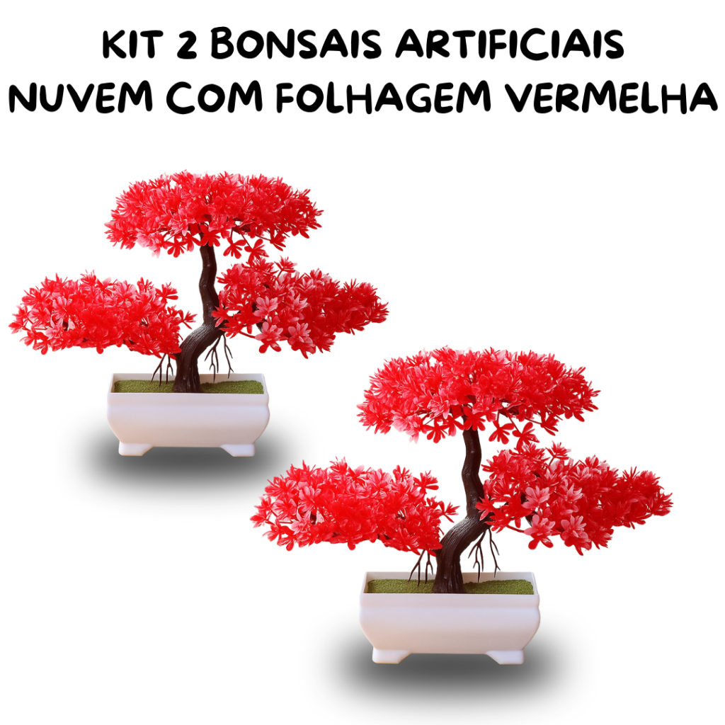 Kit 2 Plantas Bonsais Artificial Nuvem Vermelho em Vaso Branco – Charme Oriental para Sua Decoração