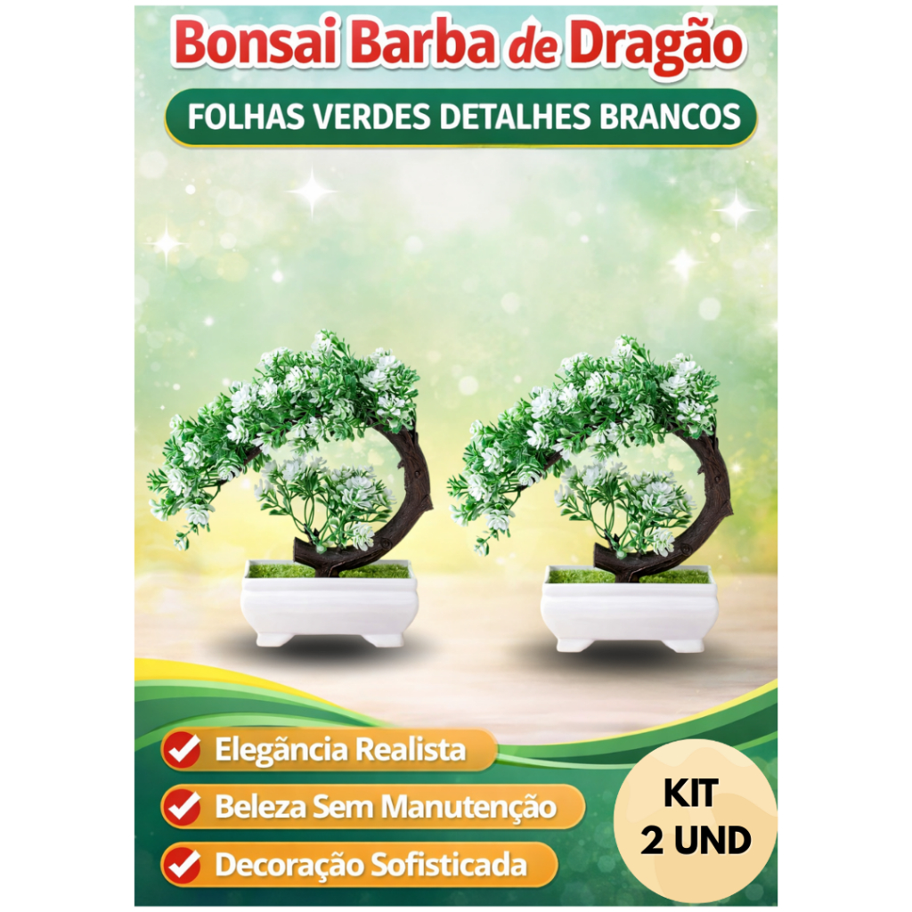 Kit 2 Bonsais Barba de Dragão Artificial Realista com Vaso Branco Folhas Verdes e BrancasModerno