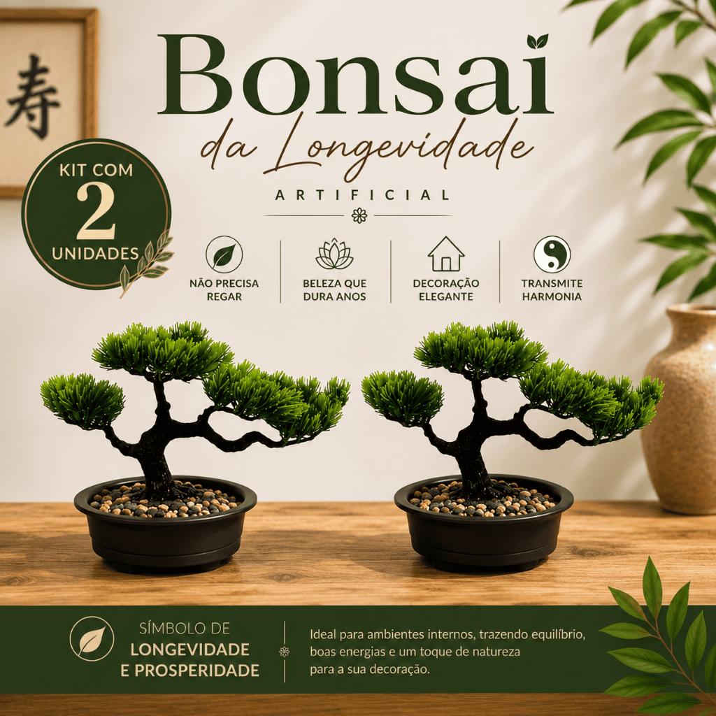 Kit 2 Bonsais da Longevidade Planta Artificial Vaso Decorativo e Cascalho Natural Ambientes Modernos