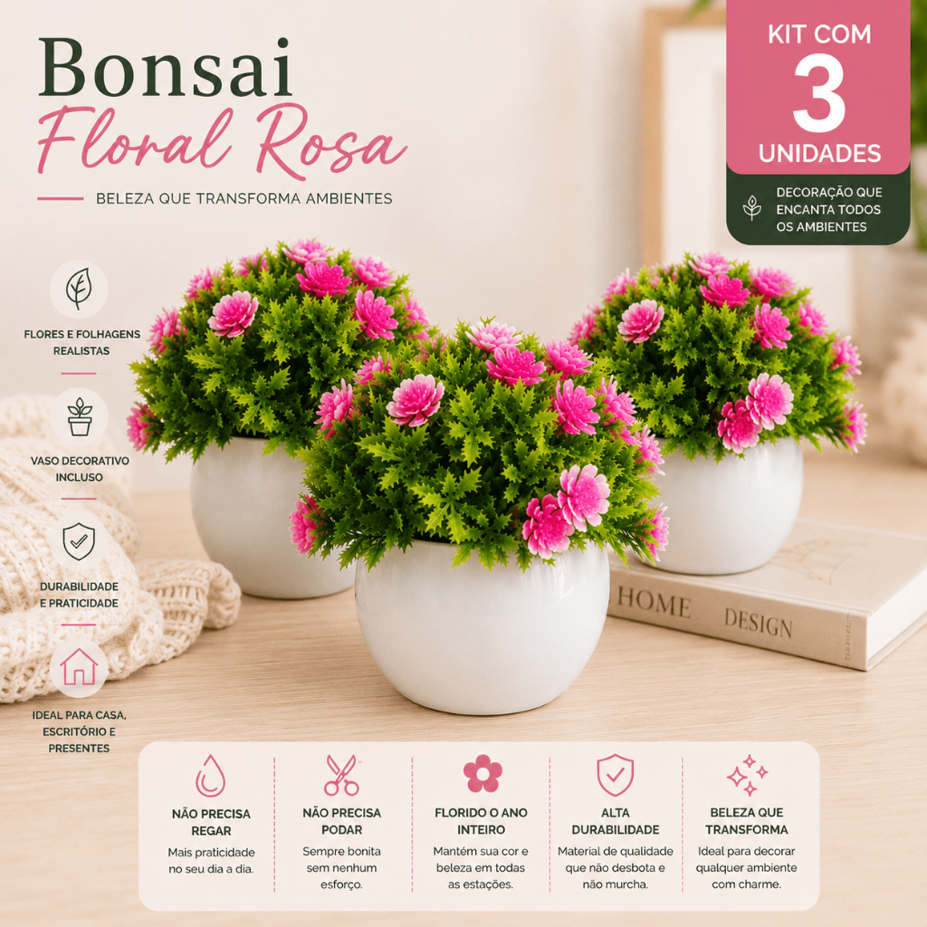 Kit 3 Bonsais Florais Rosa Artificial Realista Vaso Incluso para Decorar Decoração Sofisticada