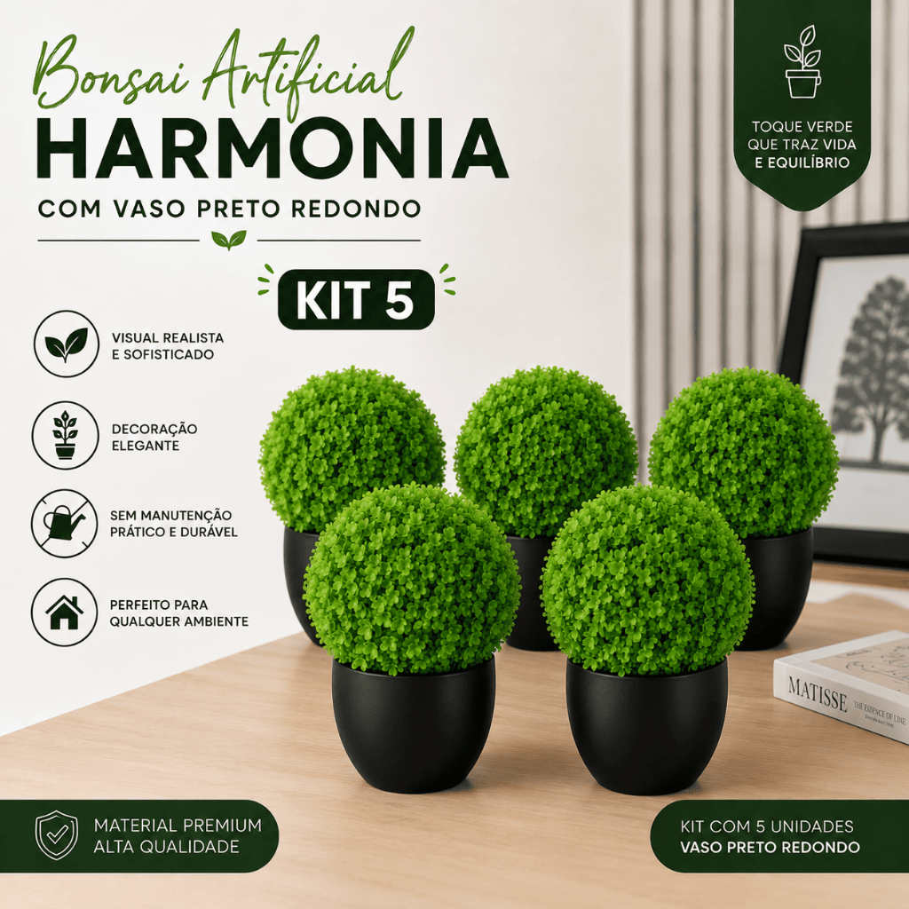Kit 5 Bonsais Artificiais Harmonia Vaso Preto Redondo Folhagem Realista Decoração Elegante Oriental