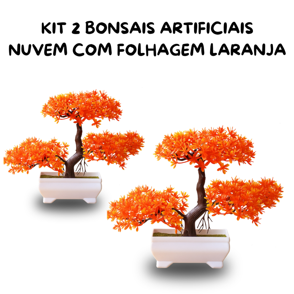Kit 2 Bonsais Decorativo Compacto Nuvem Folhas Laranjas Vibrante – Outono Zen Beleza Sem Cuidados