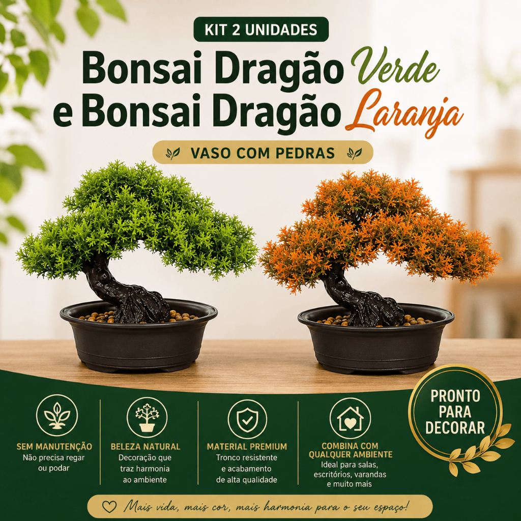 Kit 2 Plantas Bonsais Dragão Artificial Vaso com Pedras Verde e Laranja Decoração Estilo Oriental