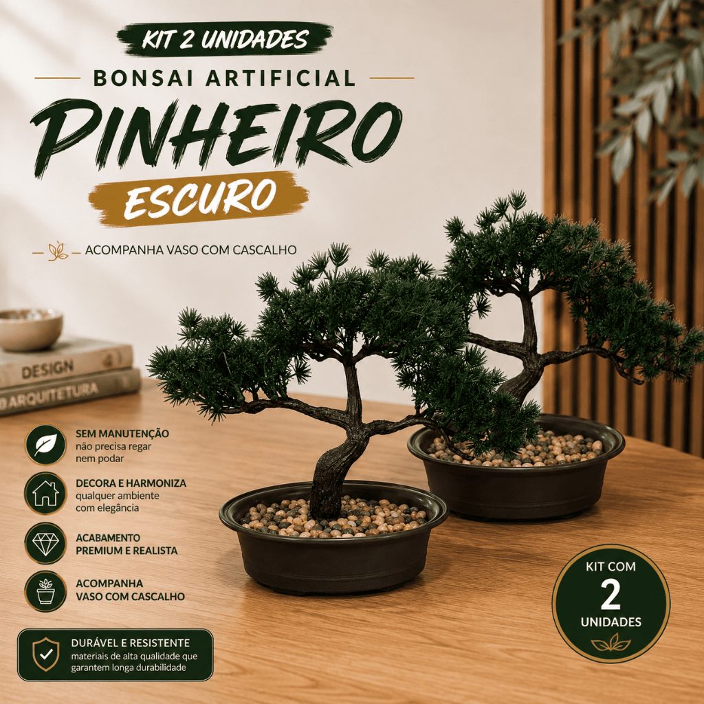 Kit 2 Bonsais Artificial Pinheiro Escuro Vaso com Cascalho Planta Decorativa sem Manutenção
