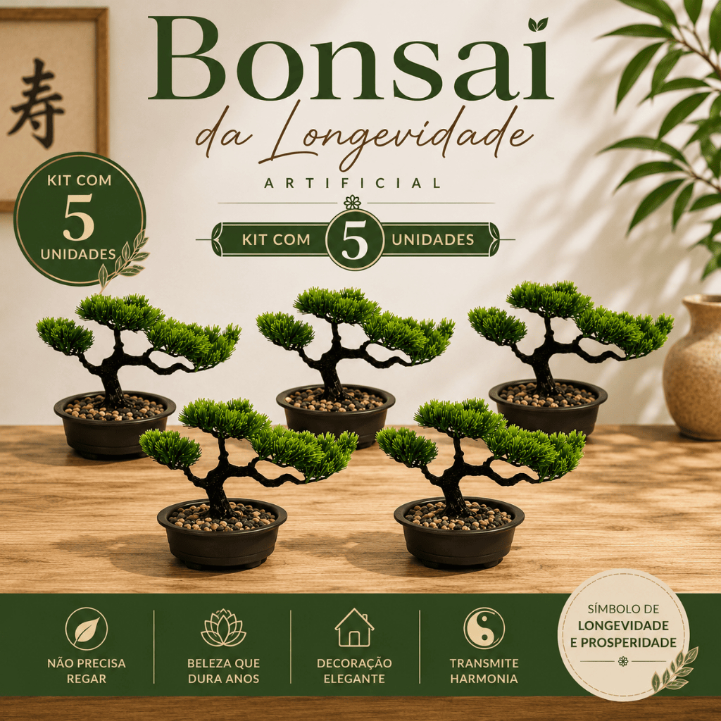 Kit 5 Bonsais Artificial Longevidade Ornamental  Cascalho Natural Acabamento Vaso Premium
