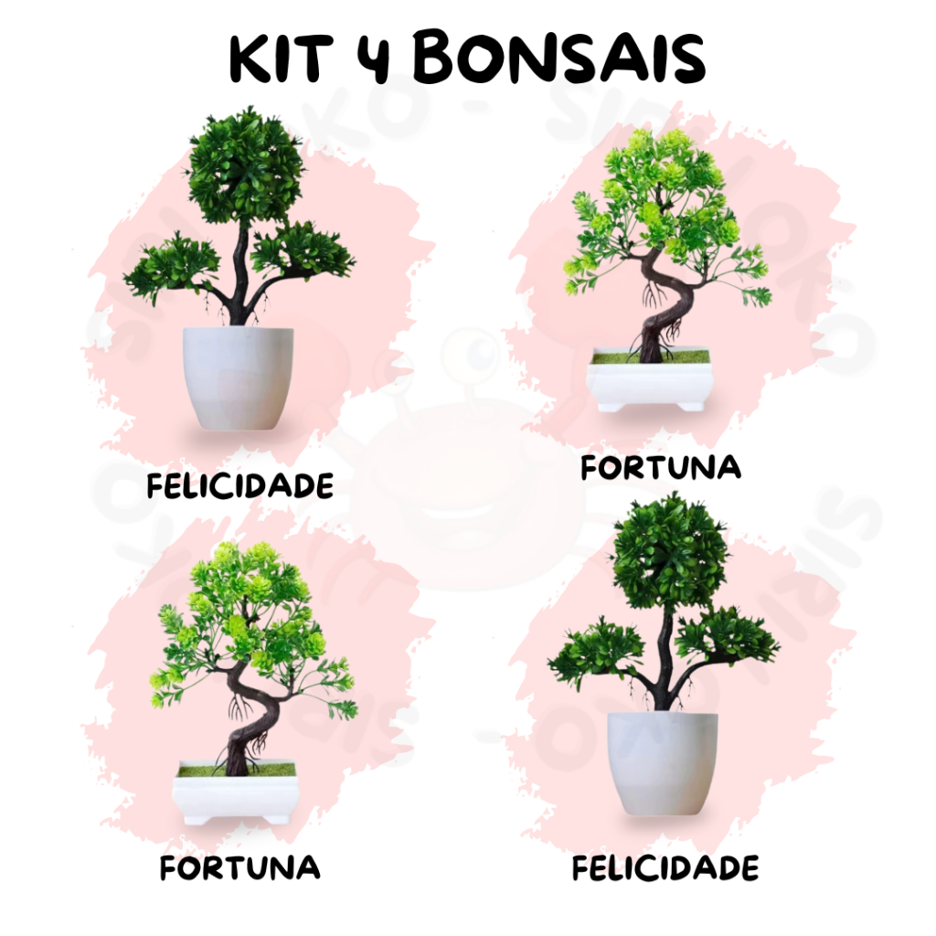 Kit 4 Árvores Artificiais Decorativas – Bonsais da Felicidade e Fortuna