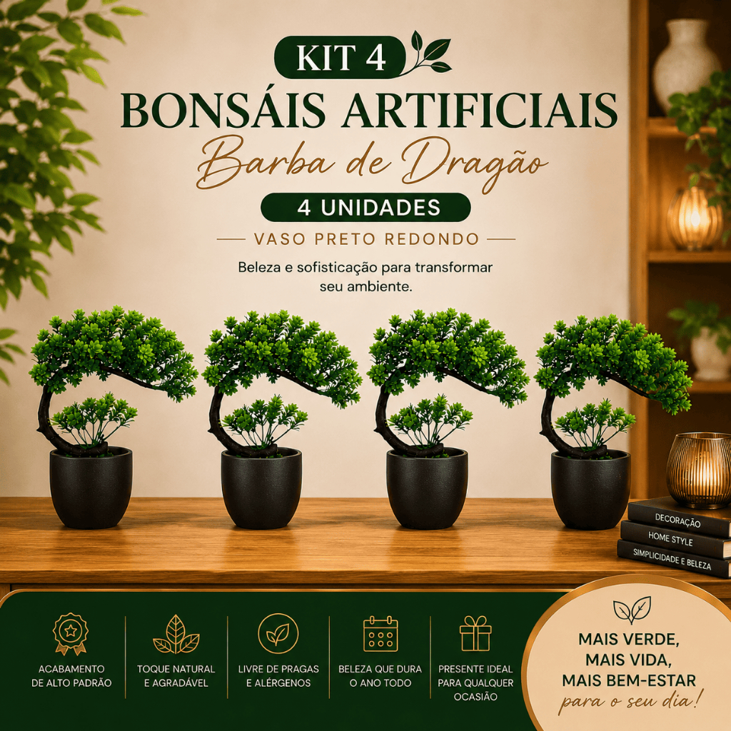 Kit 4 Bonsais Barba de Dragão Artificial Vaso Redondo Preto Beleza Oriental Sem Manutenção
